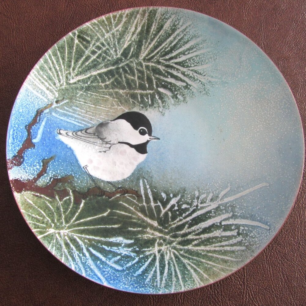 Norman Brumm Enamel on Copper Plate 7"  - Chickadee Bird Winter Scene